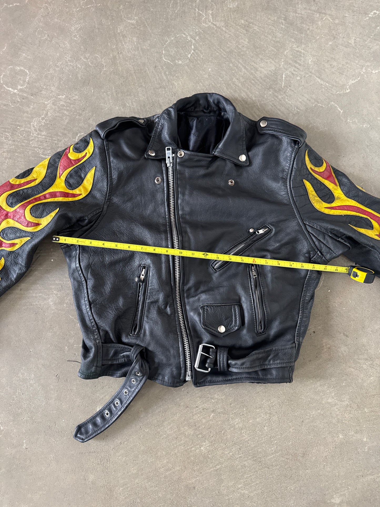 Vintage Real Leather Double Rider Flame Biker Jacket