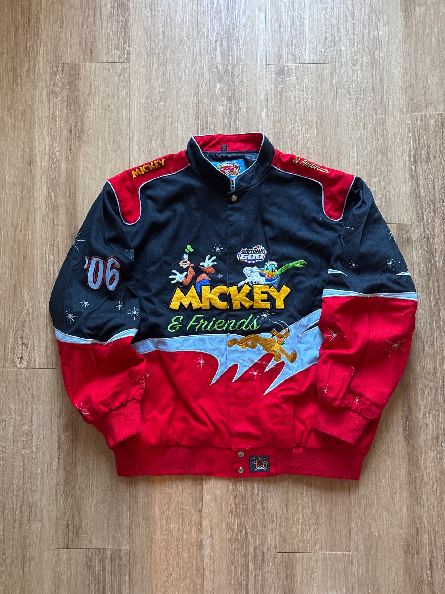 Vintage 2006 JH Design Jeff Hamilton Nascar Daytona 500 Mickey Mouse & Friends Varsity Jacket