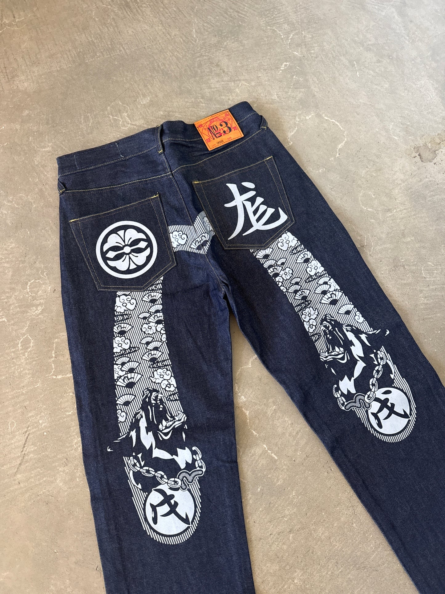 Evisu Embroidered Japanese Grey Dog Art Salvage Denim Jeans