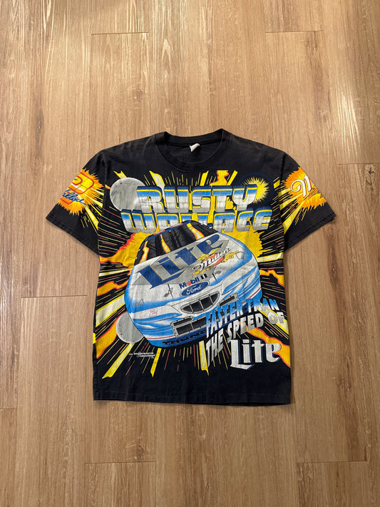 Vintage 1997 Nascar Rusty Wallace Faster Than The Speed Of Lite All Over Print Tee