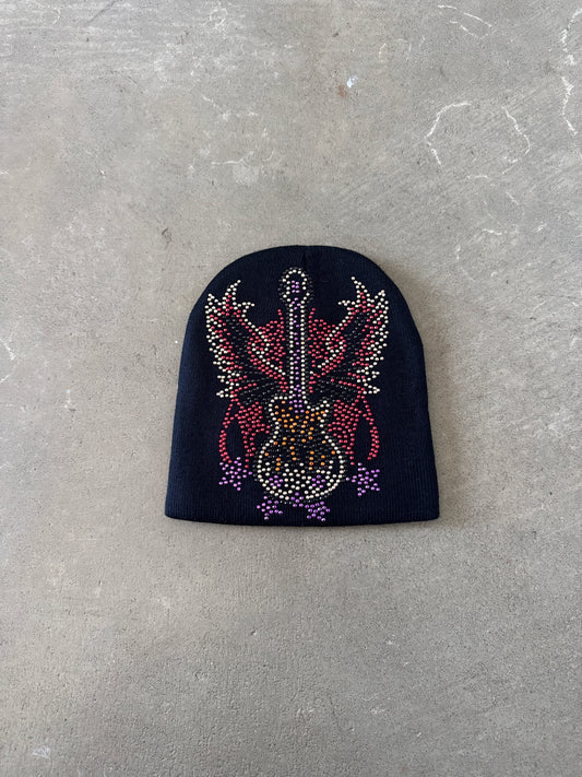 Vintage Y2K Rock & Roll Guitar Bedazzled Skully Beanie Hat