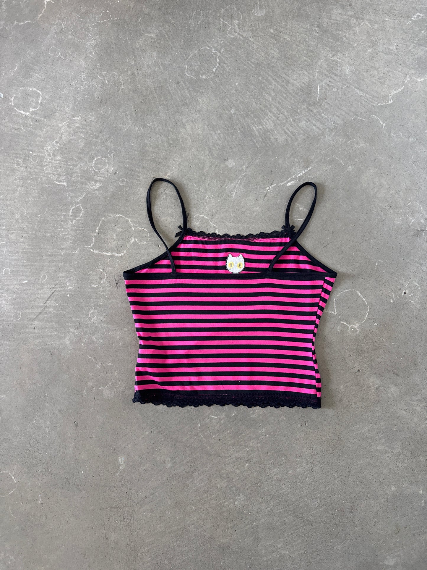 Romwe Women's Y2K Lace Striped Cami Crop Cat Embroidery Tank Top
