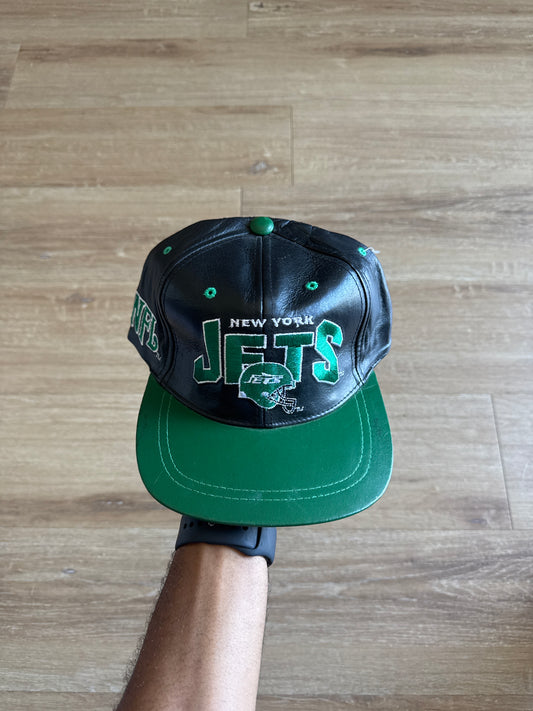 Vintage 90s Drew Pearson New York Jets Leather Strapback Hat