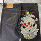 Vintage Ed Hardy Rhinestone Skull Love Kills Slow Denim Jeans