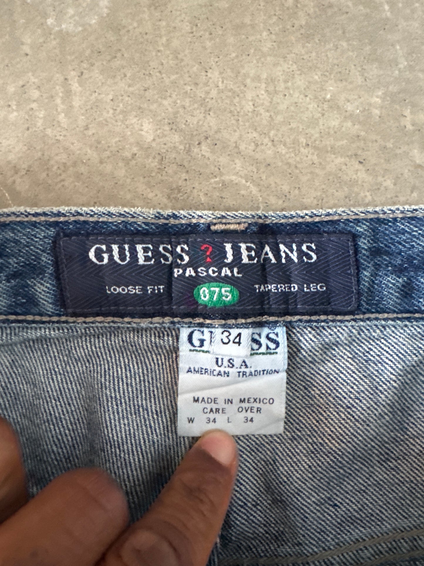 Vintage 90s Guess Jeans Pascal Loose Fit Tapered Leg Dark Washed Denim Jeans