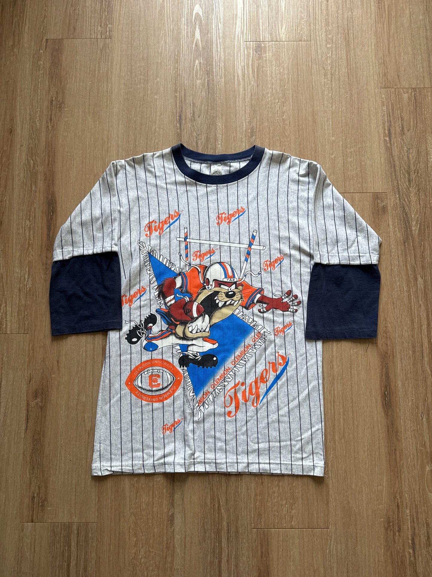 Vintage 1994 Warner Bros Taz University Of Clemson Tigers Raglan Pin Stripe Football Tee