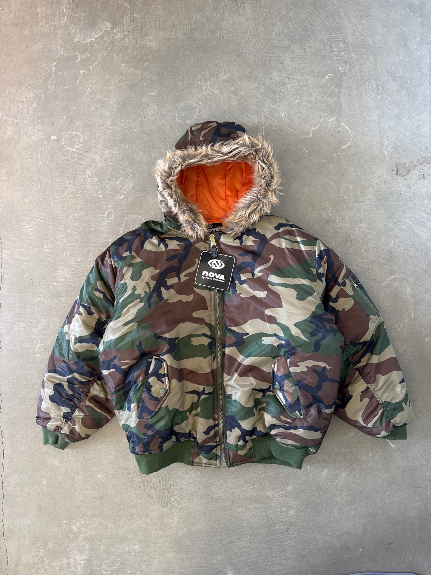 Vintage Nova Military Forest Camo Flight Bomber Fur Hooded Jacket