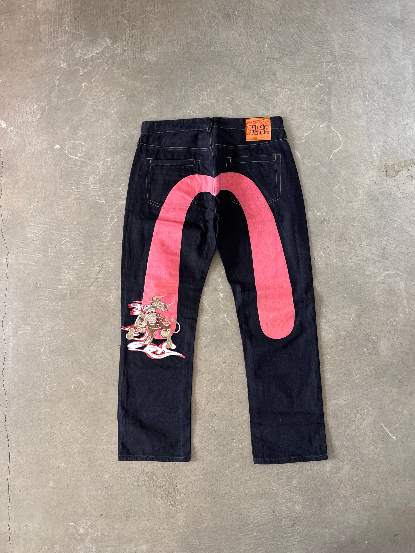 Evisu Embroidered Pink Bull Selvedge Japanese Denim Jeans