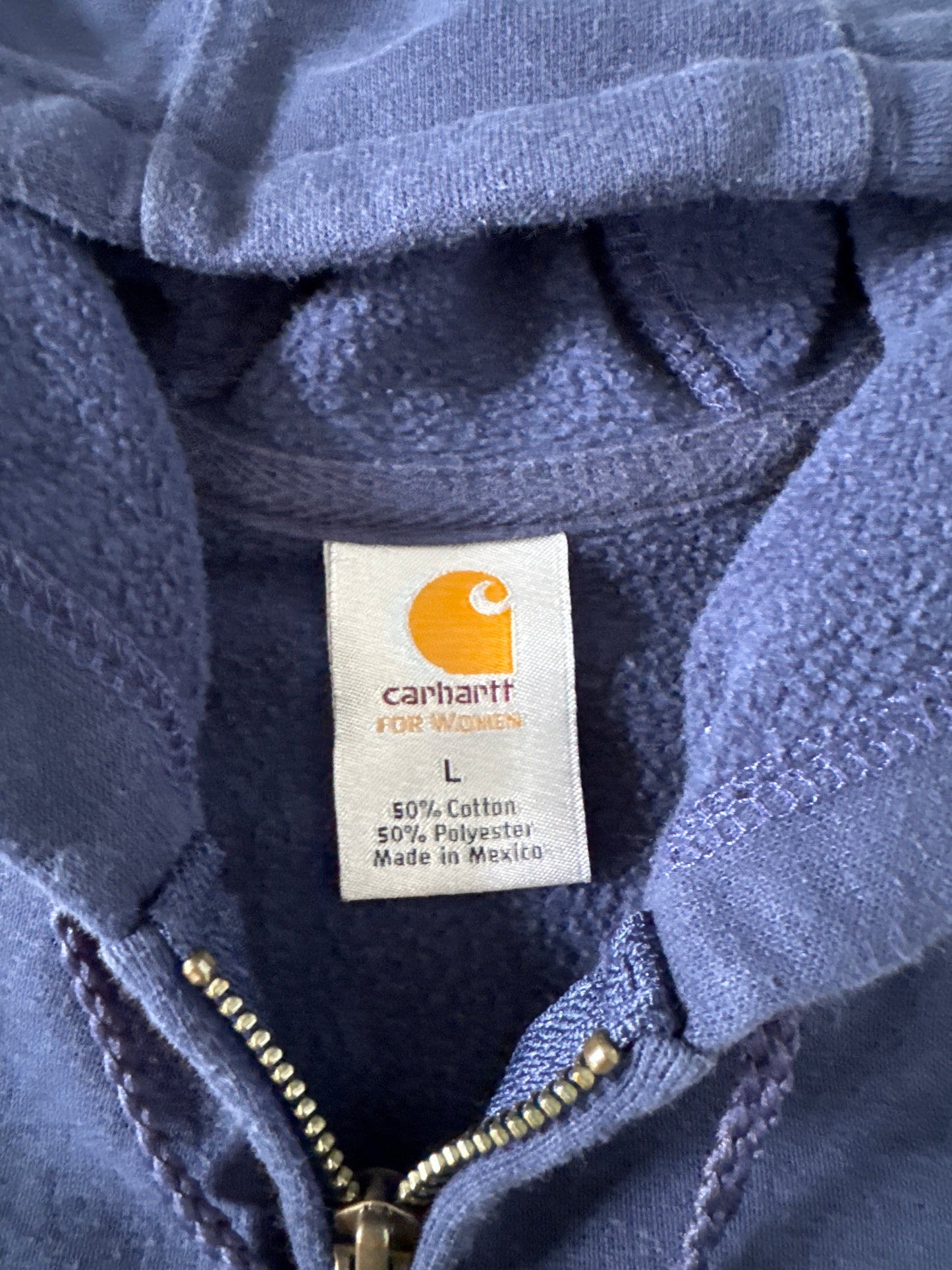 Vintage Women’s Carhartt Navy Stitched Logo Hooded Zip Up