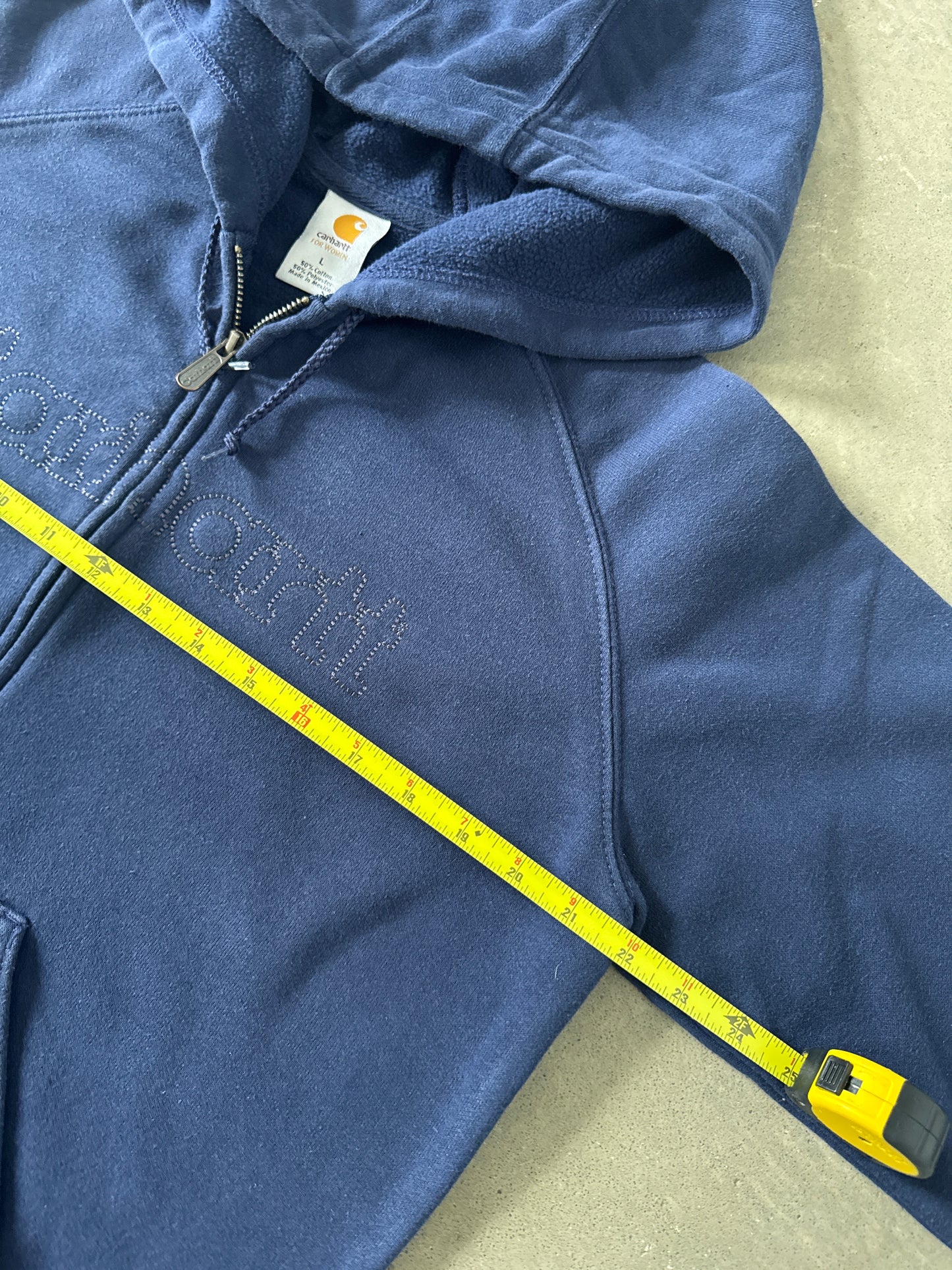 Vintage Women’s Carhartt Navy Stitched Logo Hooded Zip Up