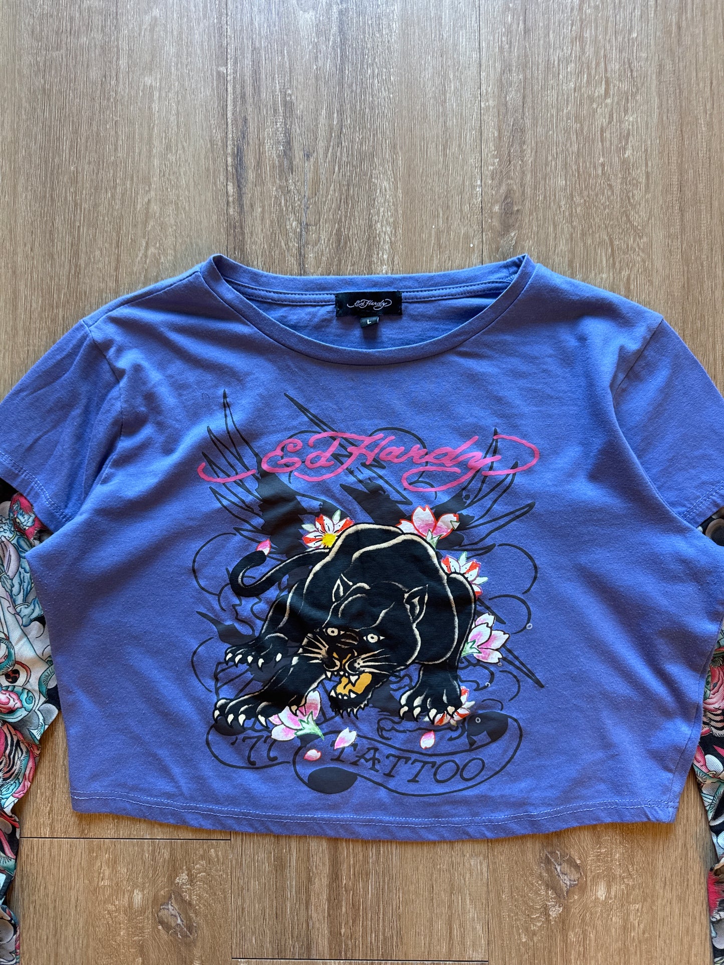 Ed Hardy Swallow 2fer Midnight Long Sleeve Crop Tee