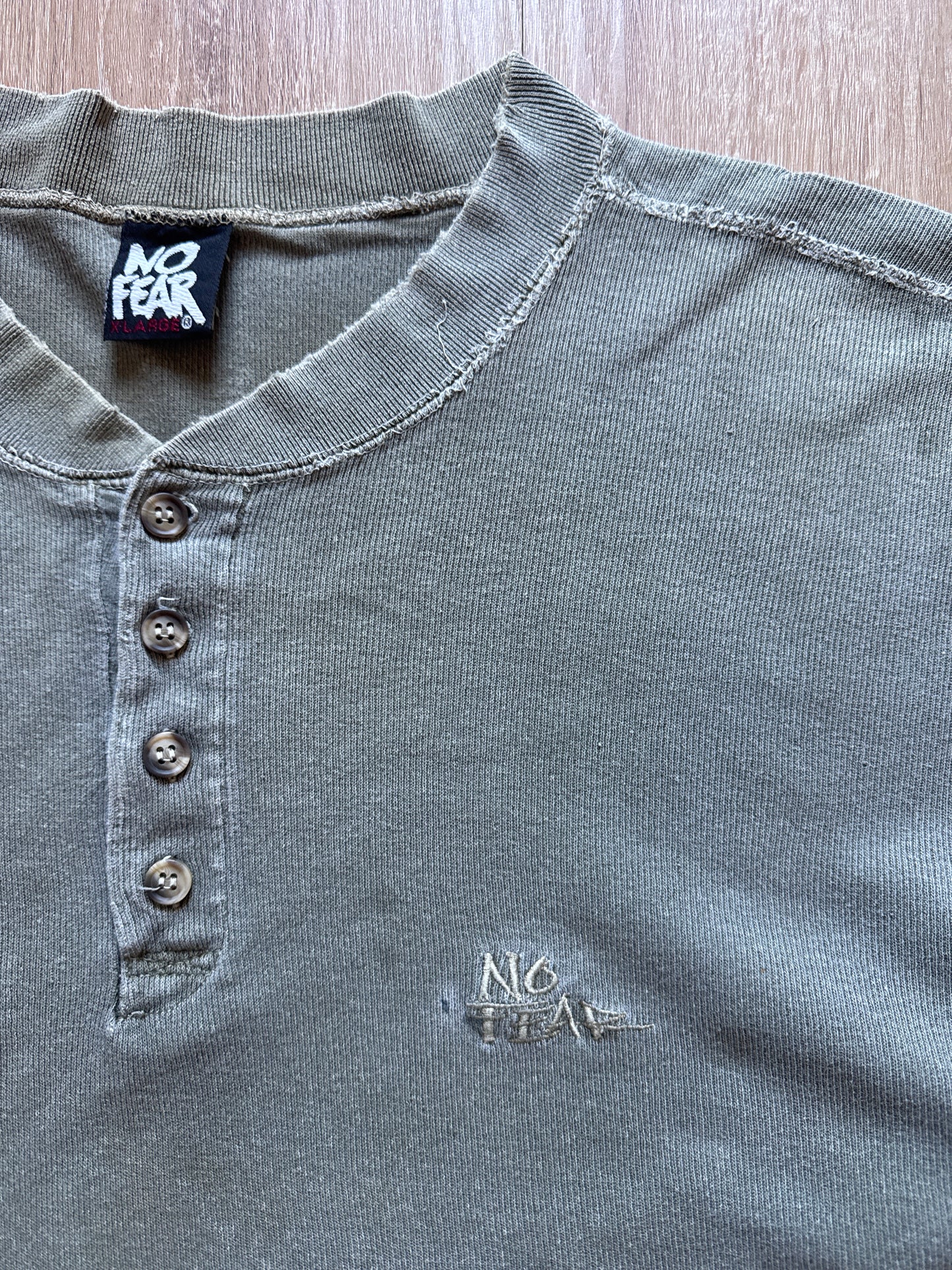Vintage No Fear Green Embroidered Logo Quarter Button Up Tee