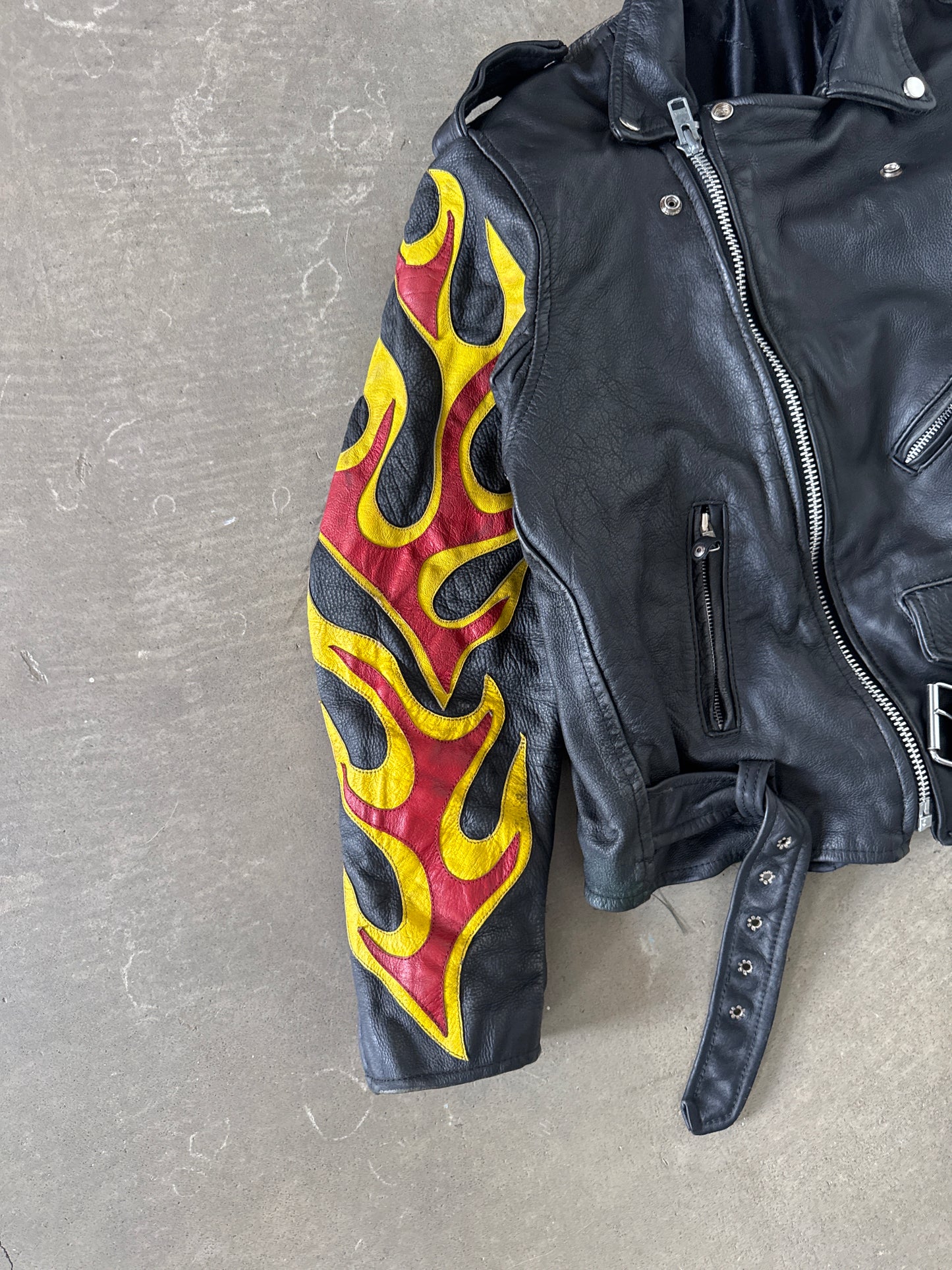 Vintage Real Leather Double Rider Flame Biker Jacket
