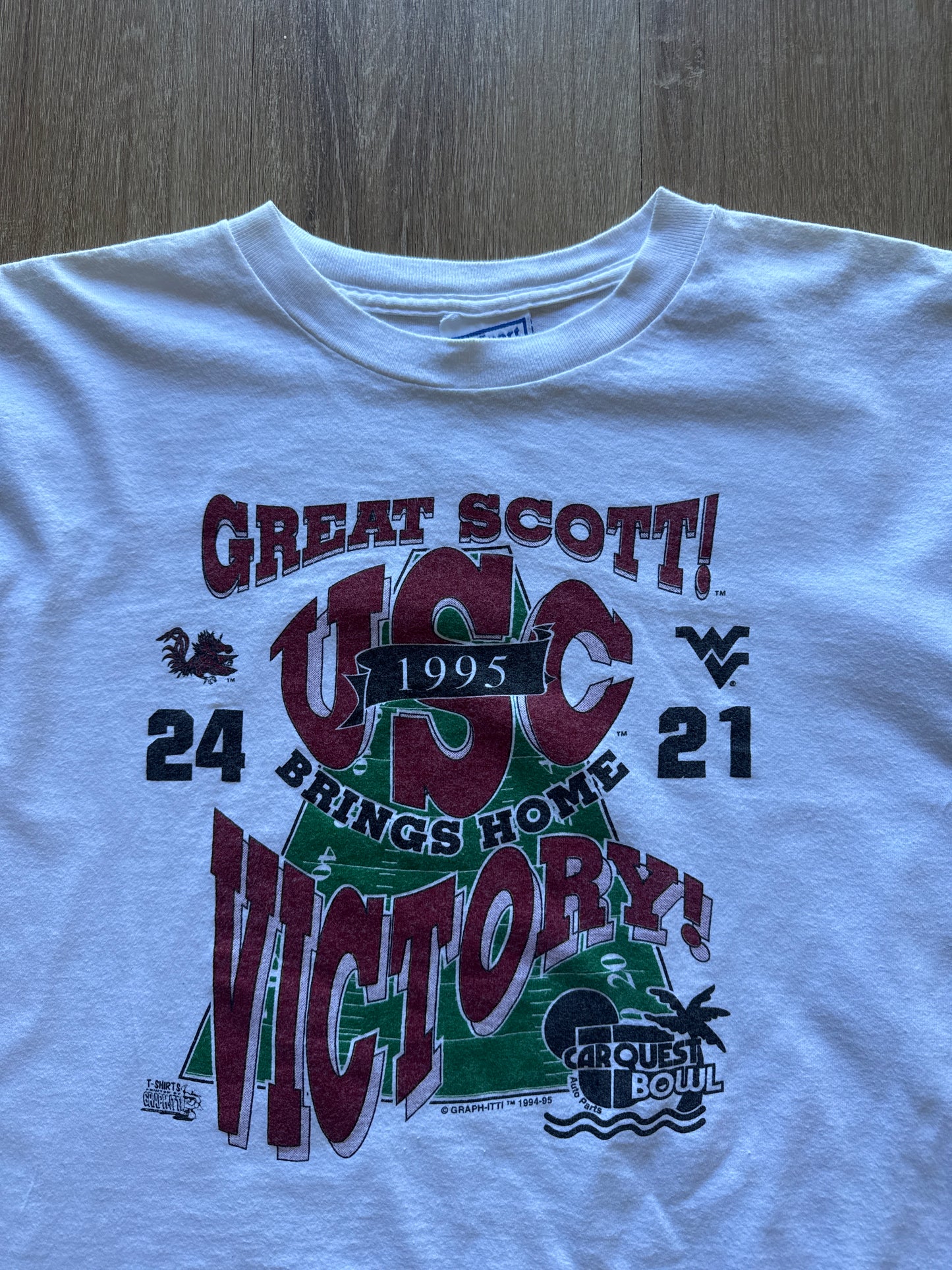 Vintage 1995 University Of South Carolina Gamecocks Great Scott Car Quest Bowl Tee