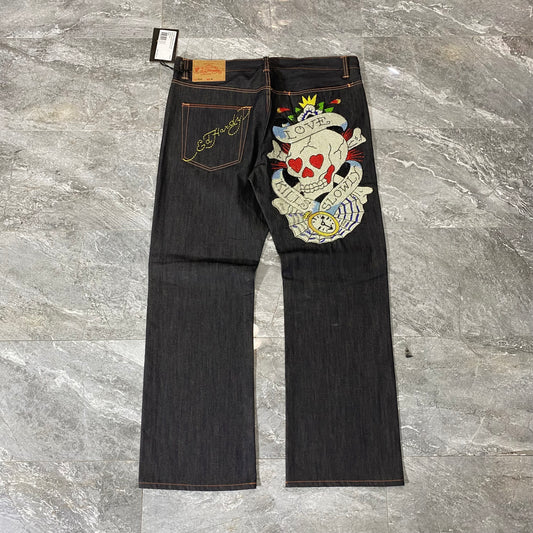 Vintage Ed Hardy Rhinestone Skull Love Kills Slow Denim Jeans